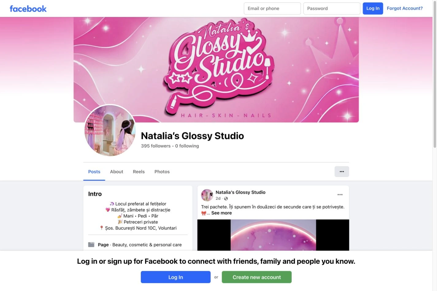 Captură reală a profilului Natalia’s Glossy Studio pe Facebook