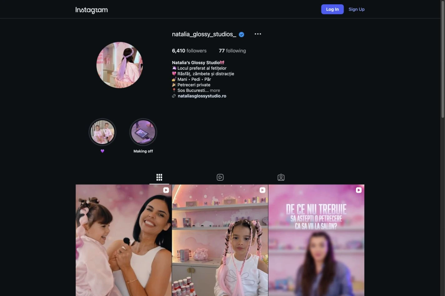 Captură reală a profilului Natalia’s Glossy Studio pe Instagram
