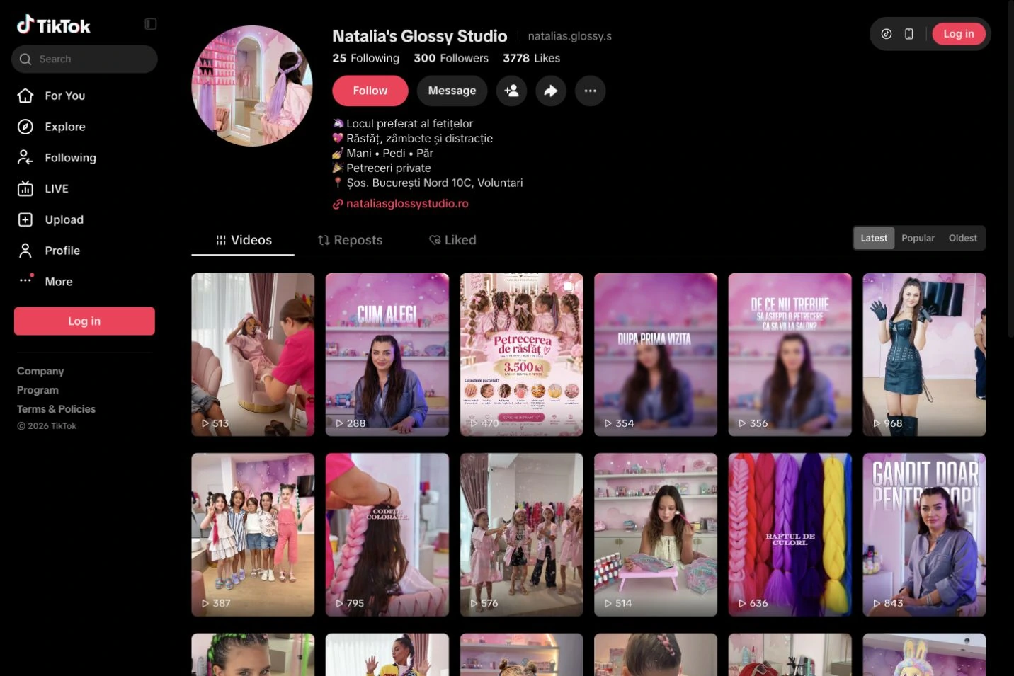 Captură reală a profilului Natalia’s Glossy Studio pe TikTok